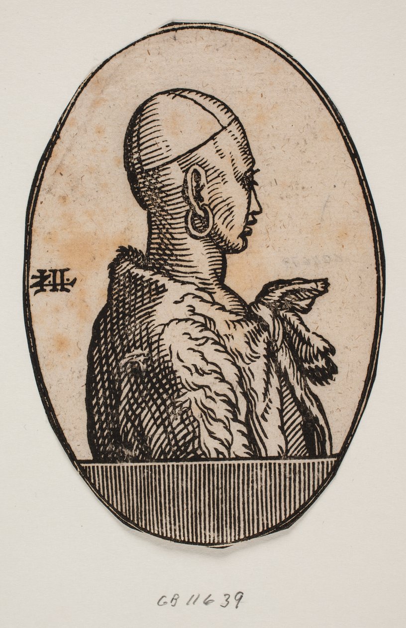 圆形徽章，半身无须男子肖像，头戴卡洛特帽和耳环，肩披皮草；侧面朝右 作者 梅尔基奥尔（Melchior Lorck）