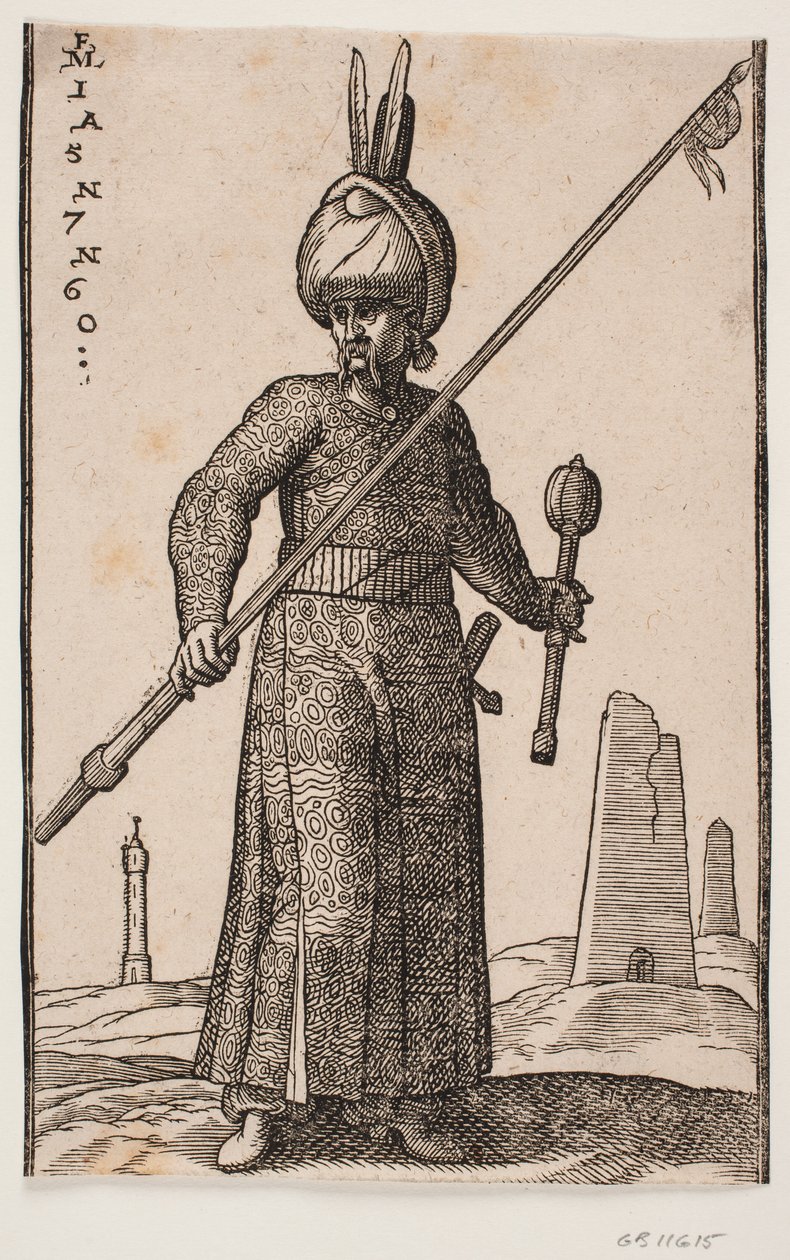 站立的士兵，从正面看；右手持长枪，枪尖上有一个旆；左手持棍棒；头上戴着带有两根羽毛的头巾；风景中是一座 "灯塔 "和几座方尖碑式建筑 作者 梅尔基奥尔（Melchior Lorck）