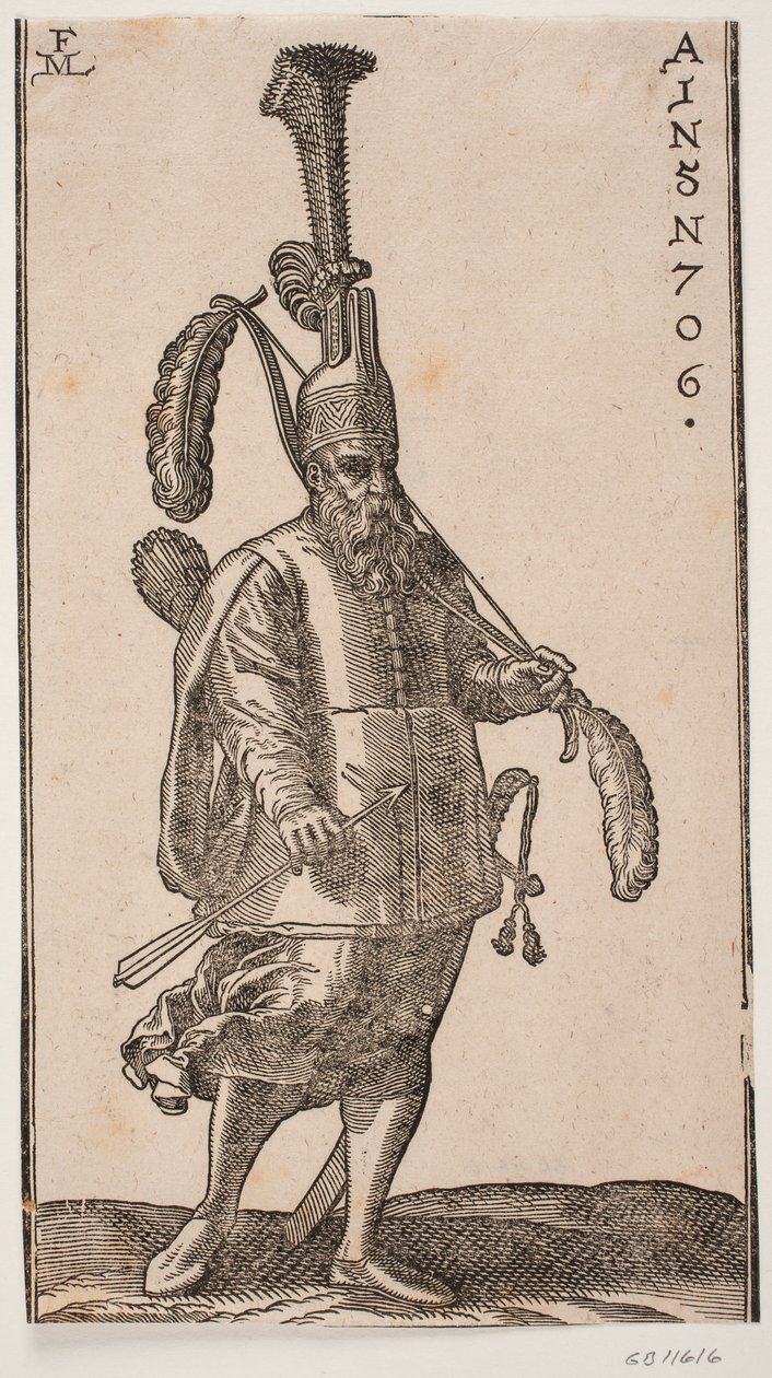 站立的士兵，转向画面右侧；头饰上有高高竖起的翎毛；左手持弓，弓的两端有大羽毛；右手持箭；背上有箭筒，身旁有剑 作者 梅尔基奥尔（Melchior Lorck）