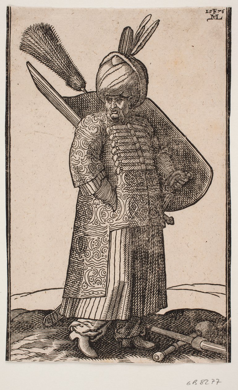 站立的厚腹士兵，右手插在口袋里，面向右方；头巾上插着两根羽毛；左侧是剑，左臂是带羽毛丛的盾牌；前方地面上是交叉的矛和长枪 作者 梅尔基奥尔（Melchior Lorck）