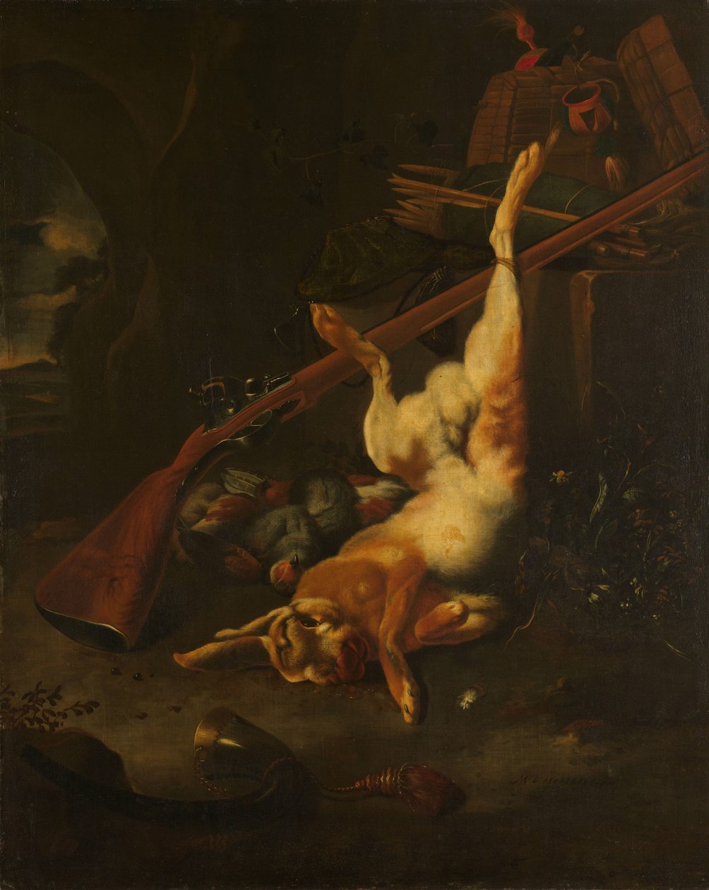 猎人的袋子，里面有死兔子 作者 Melchior d'Hondecoeter