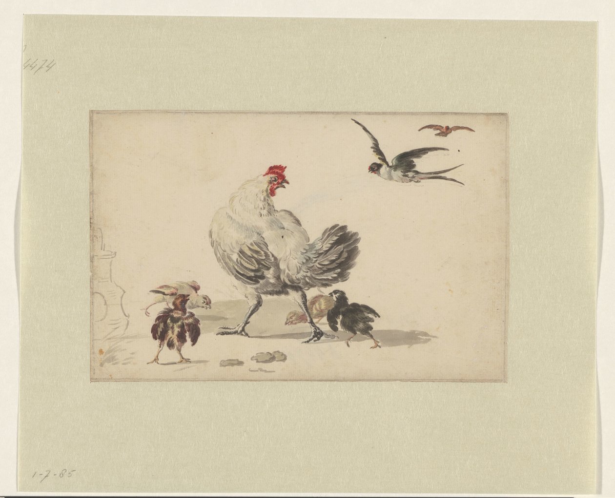 两只燕子和一只带着四只小鸡的母鸡 作者 Melchior d'Hondecoeter