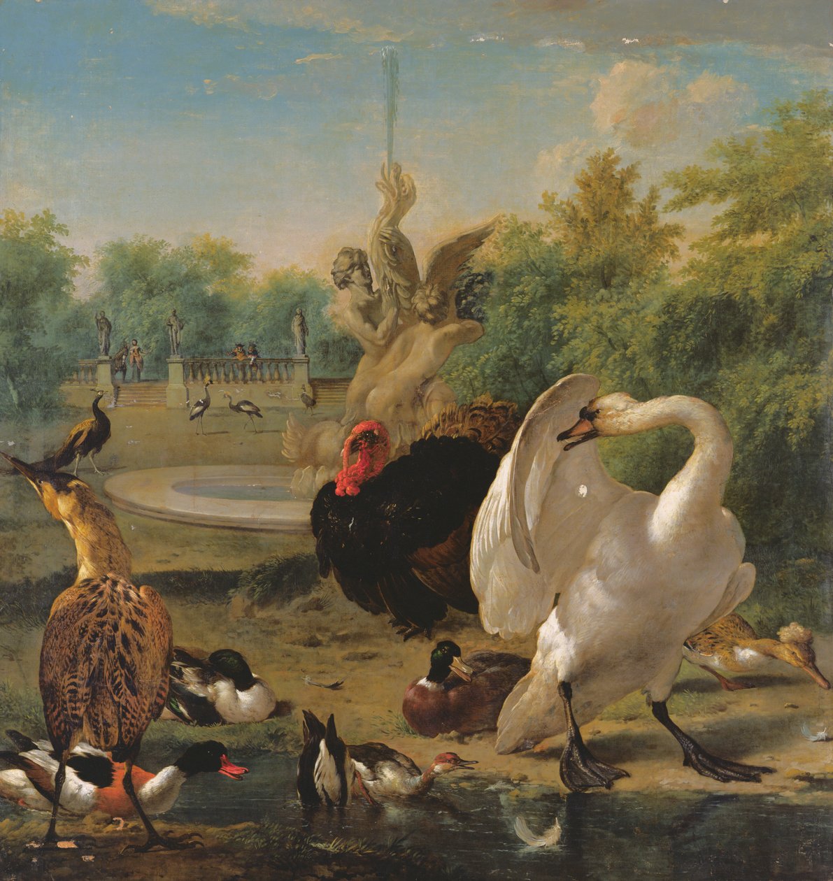 有天鹅和其他鸟类的公园（布面油画） 作者 Melchior de Hondecoeter