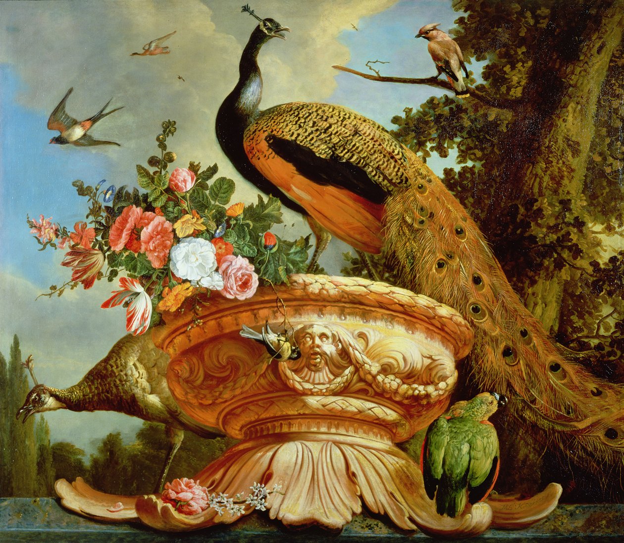 在装饰缸的一只孔雀 作者 Melchior de Hondecoeter