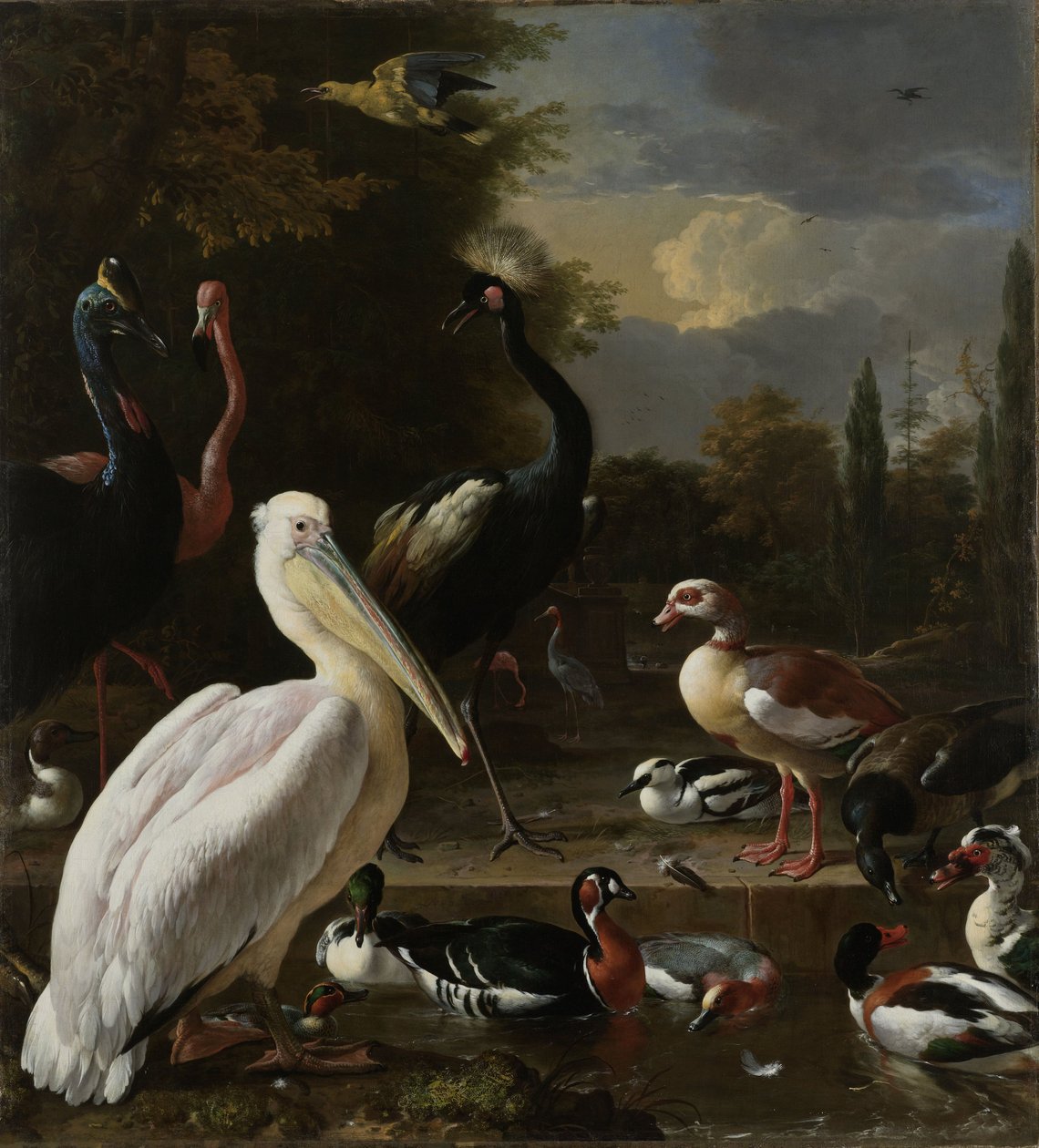 游泳池附近的鹈鹕和其他鸟类，被称为“飘浮的羽毛”，c.1680 作者 Melchior de Hondecoeter