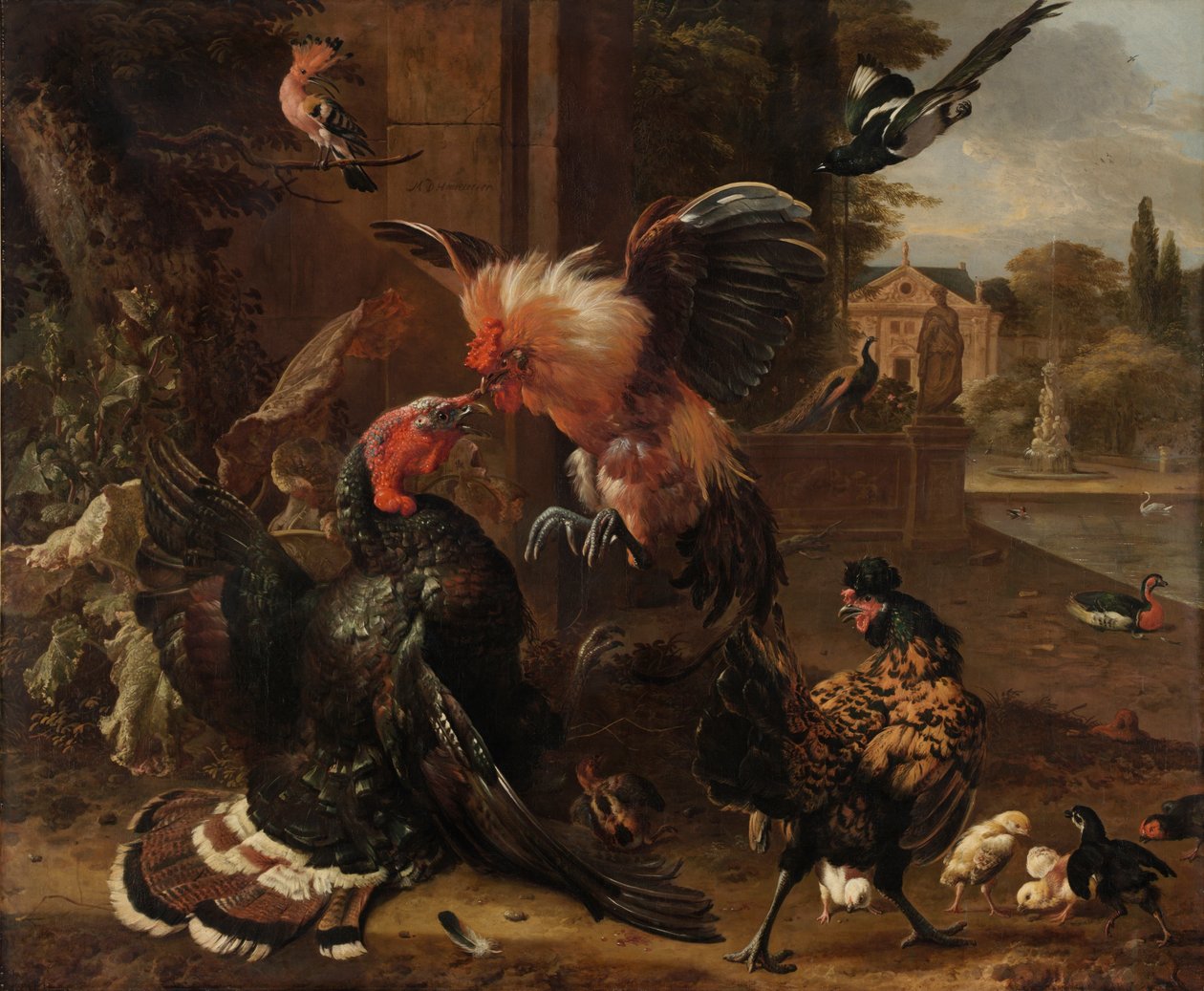 公鸡和火鸡打架，约 1680 年（布面油画） 作者 Melchior de Hondecoeter