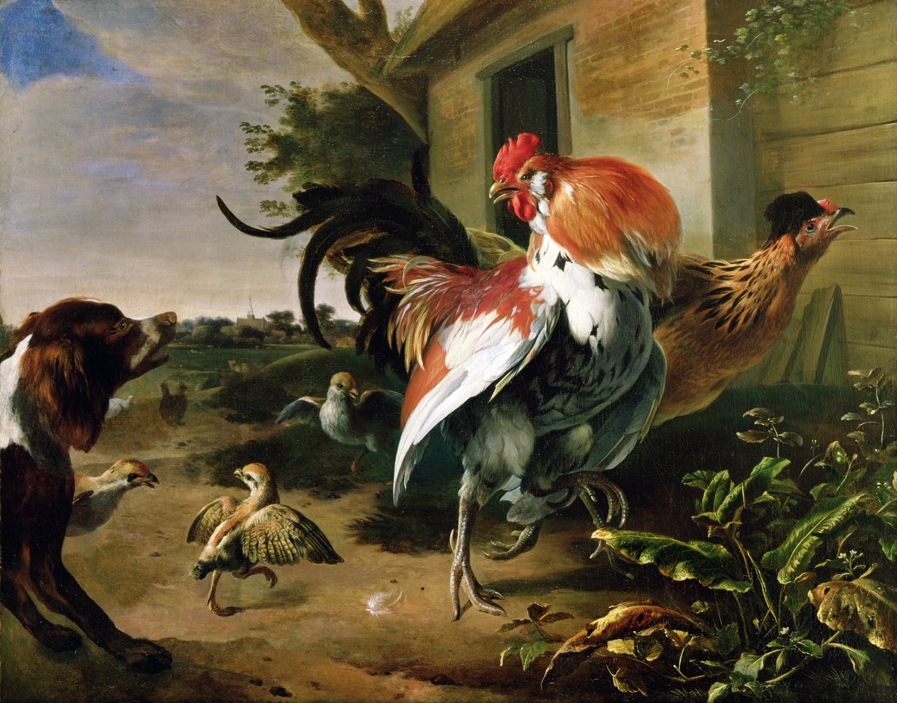 家禽和西班牙猎狗在农家院 作者 Melchior de Hondecoeter