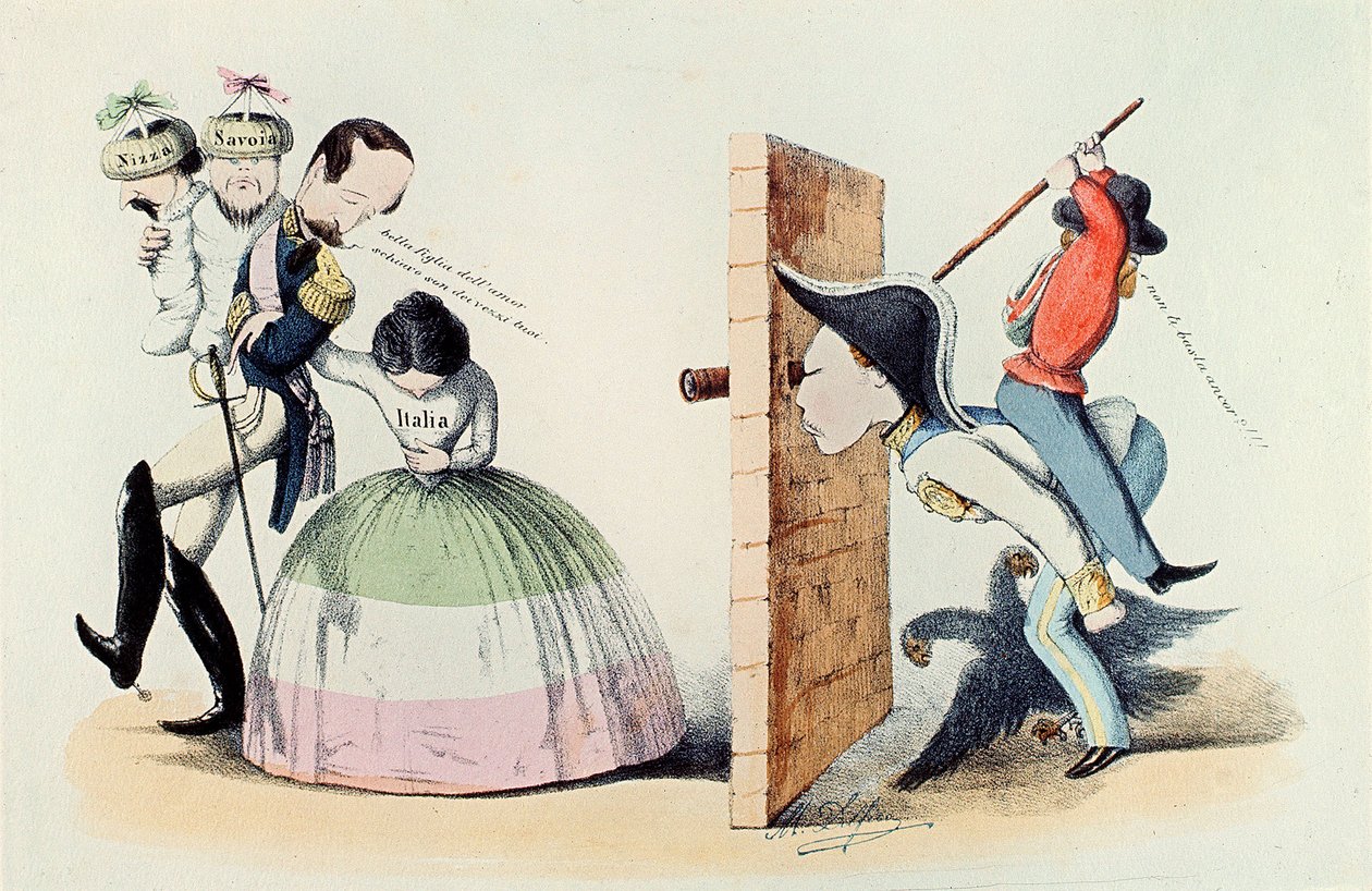 Risorgimento：1860 年 3 月 24 日《都灵条约》漫画（版画 作者 Melchiorre Delfico