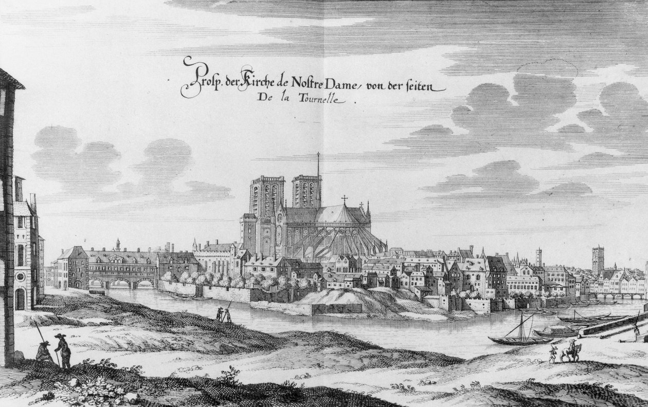 查看从塞纳河左岸到Ile de la Cite和Notre Dame，来自Martin Zeiller的&39;Topographia Galliae&39;，出版于1655-61 作者 梅里安
