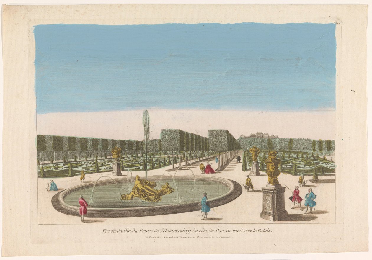 维也纳城附近施瓦岑贝格宫花园喷泉的景色
Vue du jardin du prince de Schwarzenberg du côte du bassin rond vers le palais（标题见实物） 作者 梅萨尔