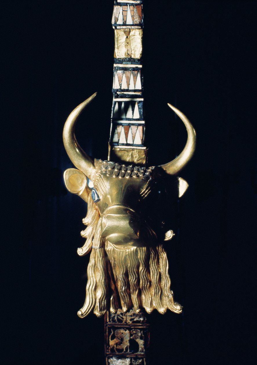 公牛的头，装饰从竖琴，公元前2800-2300（镀金木）（见198659） 作者 美索不达米亚