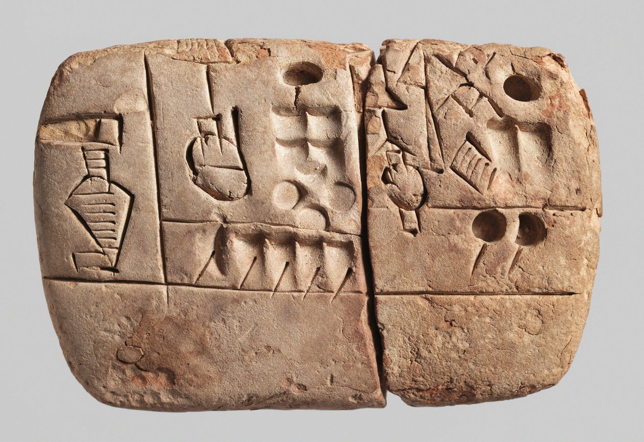 早期象形文字板，美索不达米亚，乌鲁克，公元前 3100-2900 年（粘土） 作者 美索不达米亚