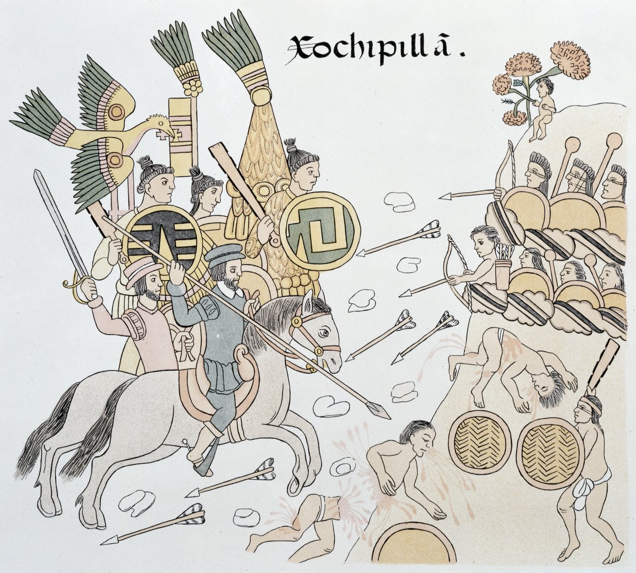 西班牙和阿兹特克人之间的Xochipilla之战，来自墨西哥印第安人图片历史Lienzo de Tlaxcala传真的插图，1850年，1592年 作者 墨西哥学校