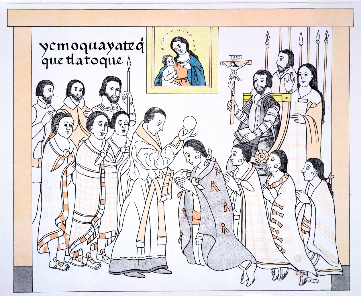 Caciques接受牧师在Hernando Cortes（1485-1547）的房子里的圣餐，插图来自墨西哥印第安人图片历史Lienzo de Tlaxcala的传真，1850年，1592年（颜色点亮） 作者 墨西哥学校