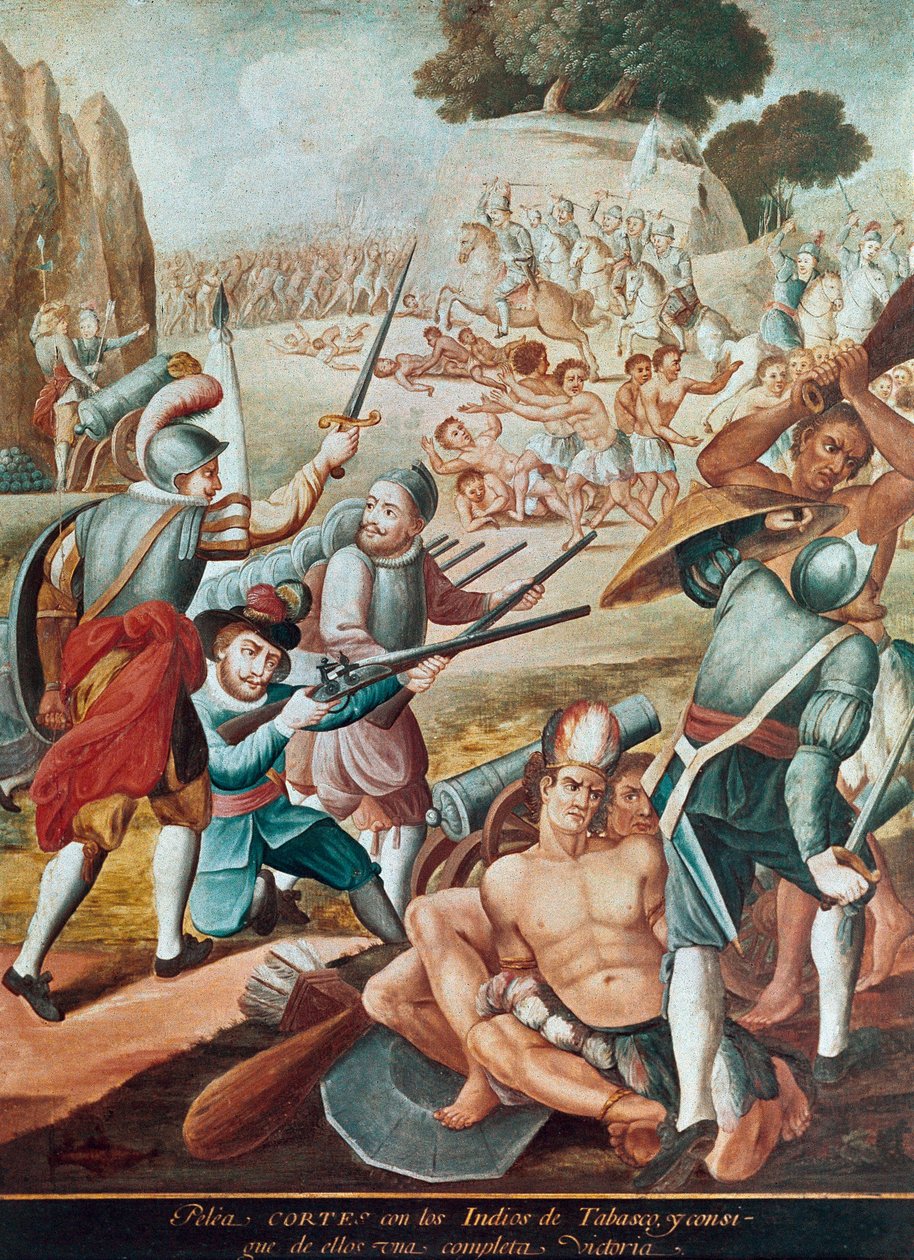 征服墨西哥：1519 年埃尔南多-科尔特斯（Hernando Cortes，1485-1547 年）与塔巴斯科印第安人之间的战斗" 墨西哥画派的绘画作品 作者 墨西哥学校