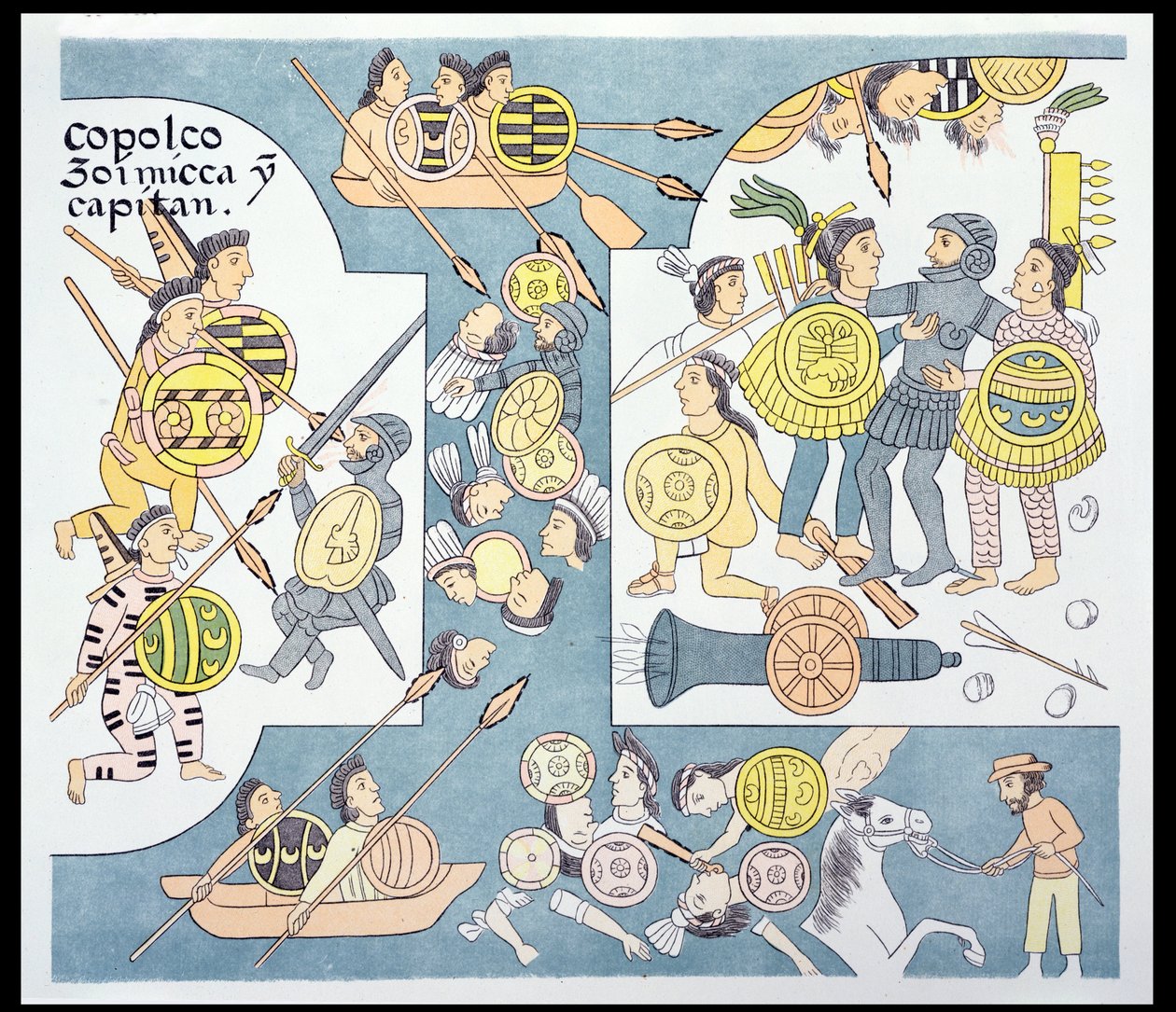 1521年8月，Hernando Cortes（1485-1547）和Tenochtitlan的Cuauhtemoc之间的最后一场战斗，插图来自墨西哥印第安人图片历史Lienzo de Tlaxcala的传真，1895年，1592年（colo 作者 墨西哥学校