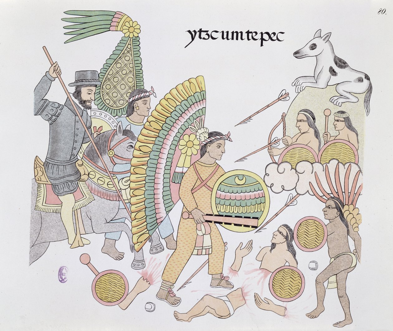 赫尔南多·科尔特斯（1485-1547）在Tenochtitlan的围困下，决定离开这座城市，插图来自墨西哥印第安人的历史照片Lienzo de Tlaxcala，照片于1892年1550年（彩色版画） 作者 墨西哥学校