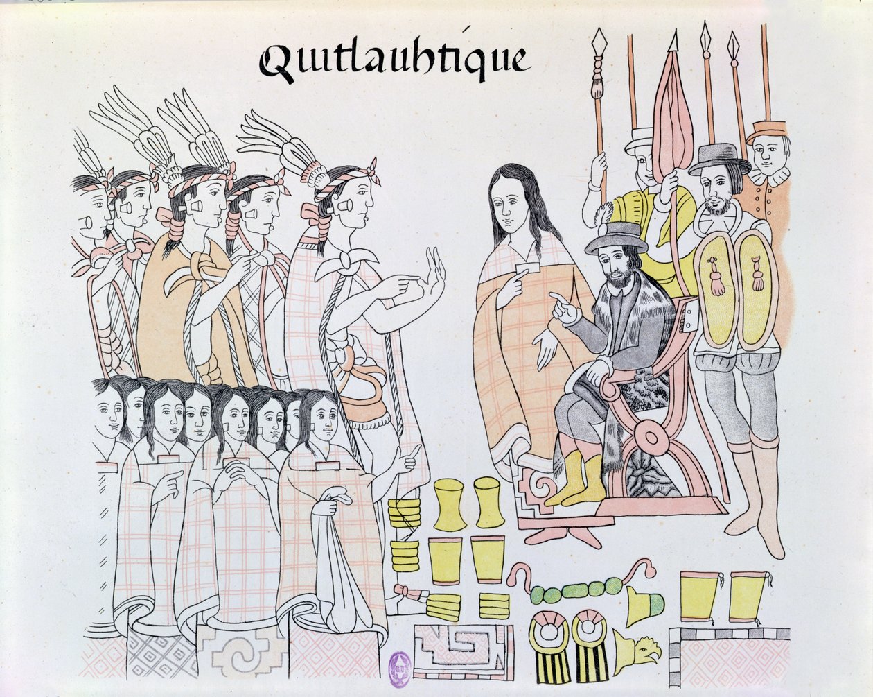 La Malinche（Dona Marina）在蒙特苏马（1466-1520）向Hernando Cortes（1485-1547）介绍妇女和黄金期间担任口译员从墨西哥印第安人图片传真中的插图 作者 墨西哥学校