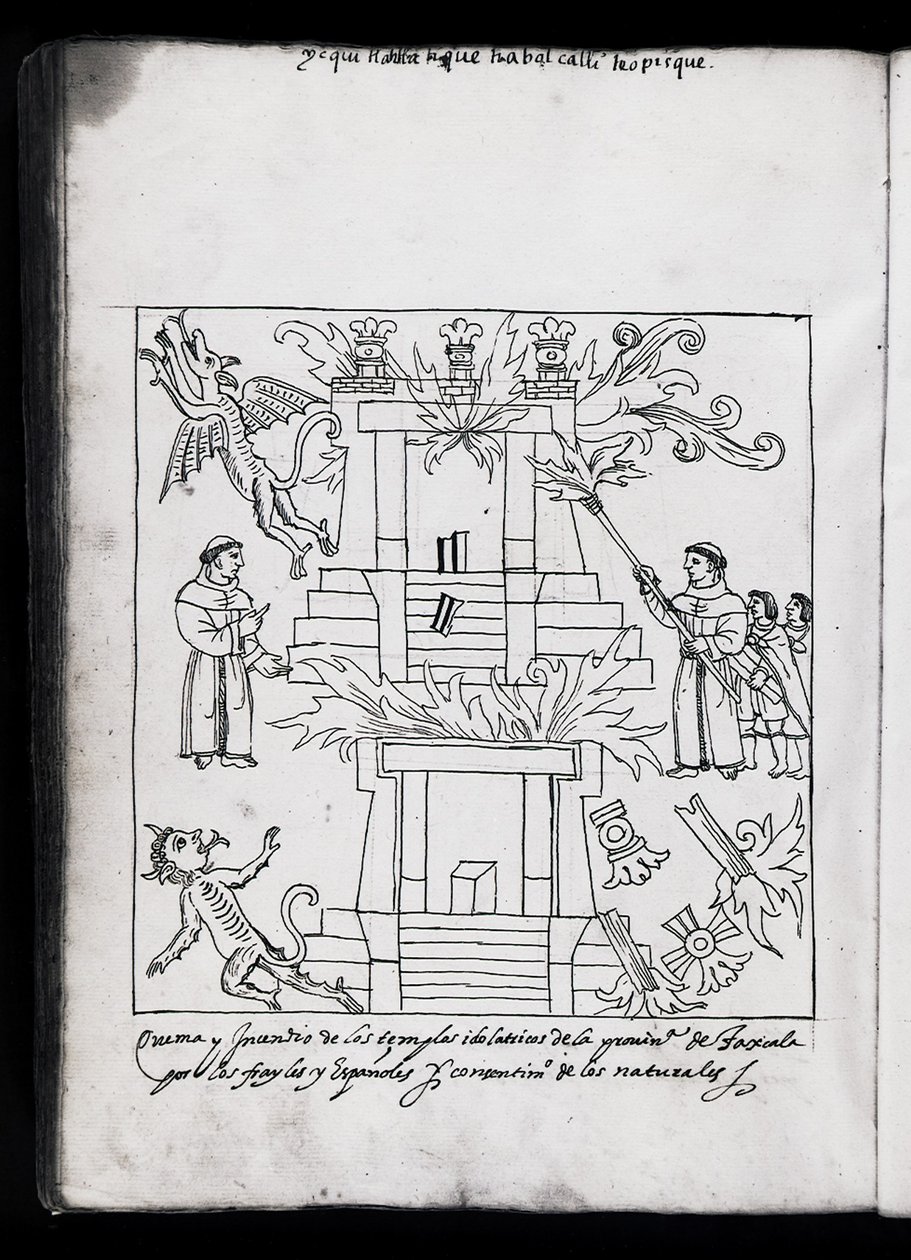 MS Hunter 242 f.240v 《焚烧神庙，特拉斯卡拉》，插图来自迭戈-穆诺斯-卡马戈的《特拉斯卡拉历史》（纸上笔墨）。 作者 墨西哥学校