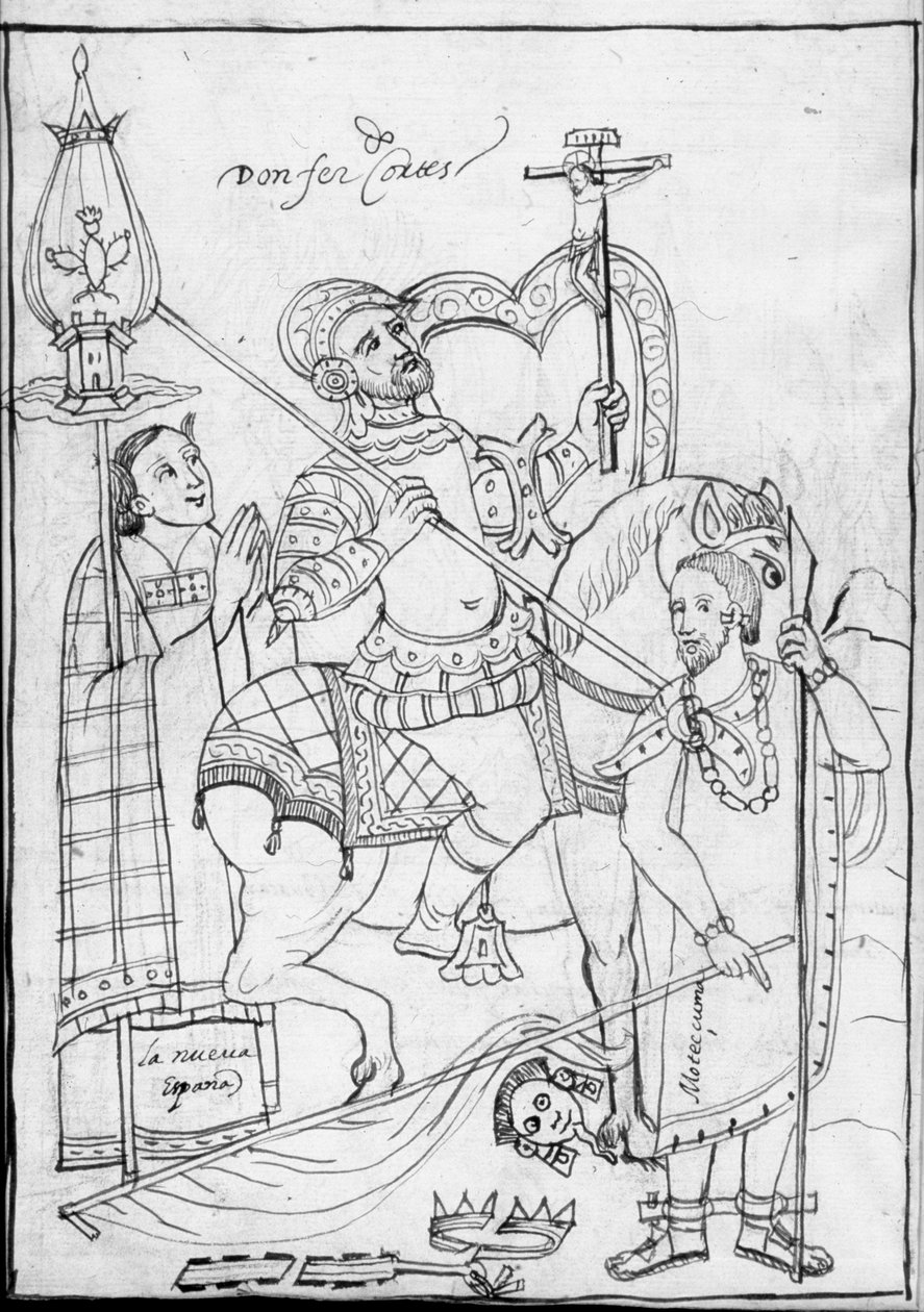 MS Hunter 242 f.246v，马背上的科尔特斯，站在被击败的阿兹特克国王Moctezuma上，来自特拉斯卡拉历史的插图来自Diego Munoz Camargo 作者 墨西哥学校