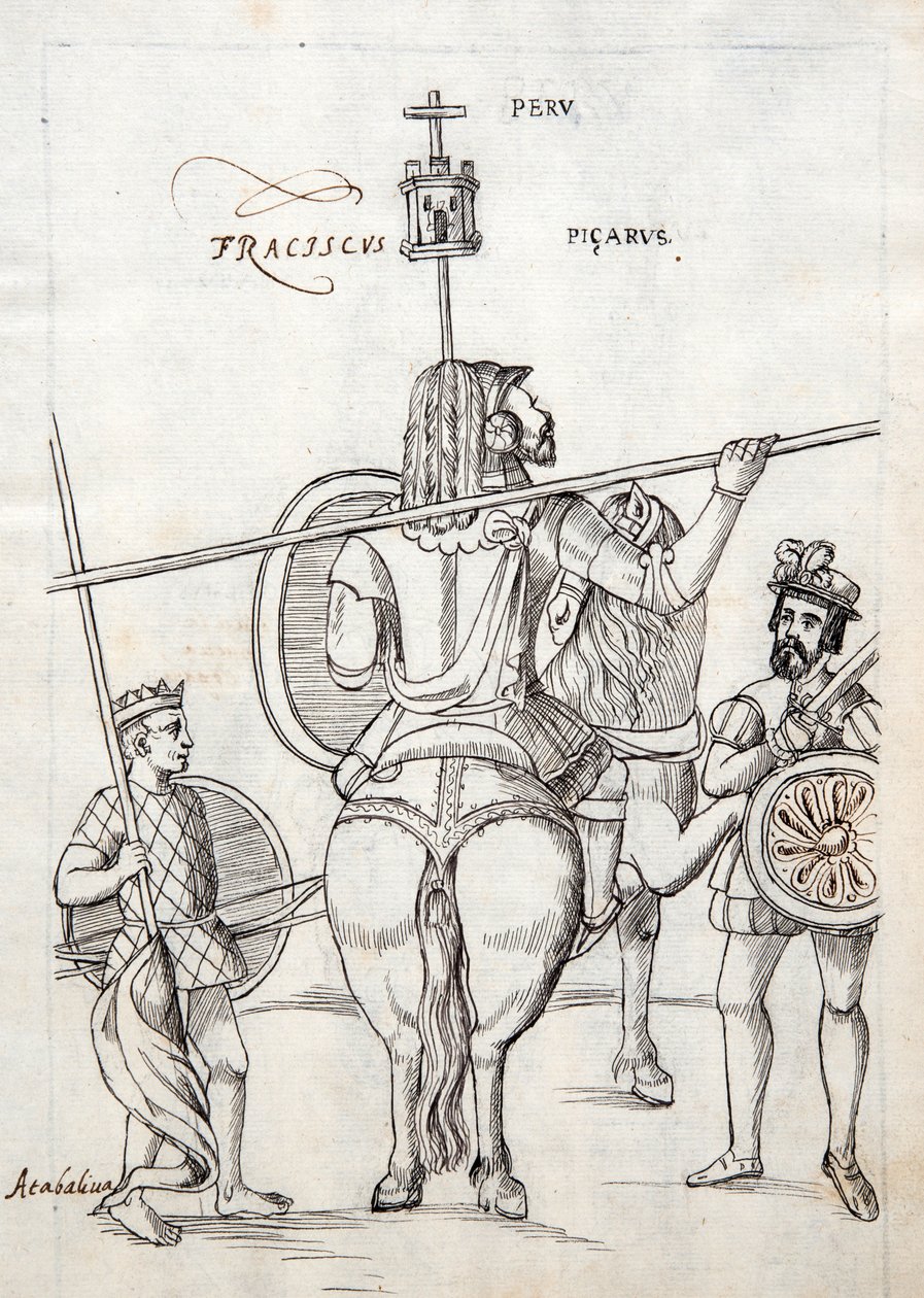 MS Hunter 242 f.248r Picarus，或Pizarro，以及来自Historique de Tlaxcala的Diego Munoz Camargo的战马 作者 墨西哥学校