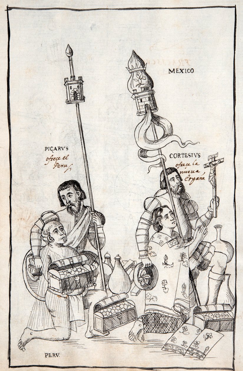 MS Hunter 242 f.248v Picarus（Pizarro）介绍秘鲁和Cortesius（科尔特斯）新西班牙，来自特拉斯卡拉历史的插图来自Diego Munoz Camargo 作者 墨西哥学校