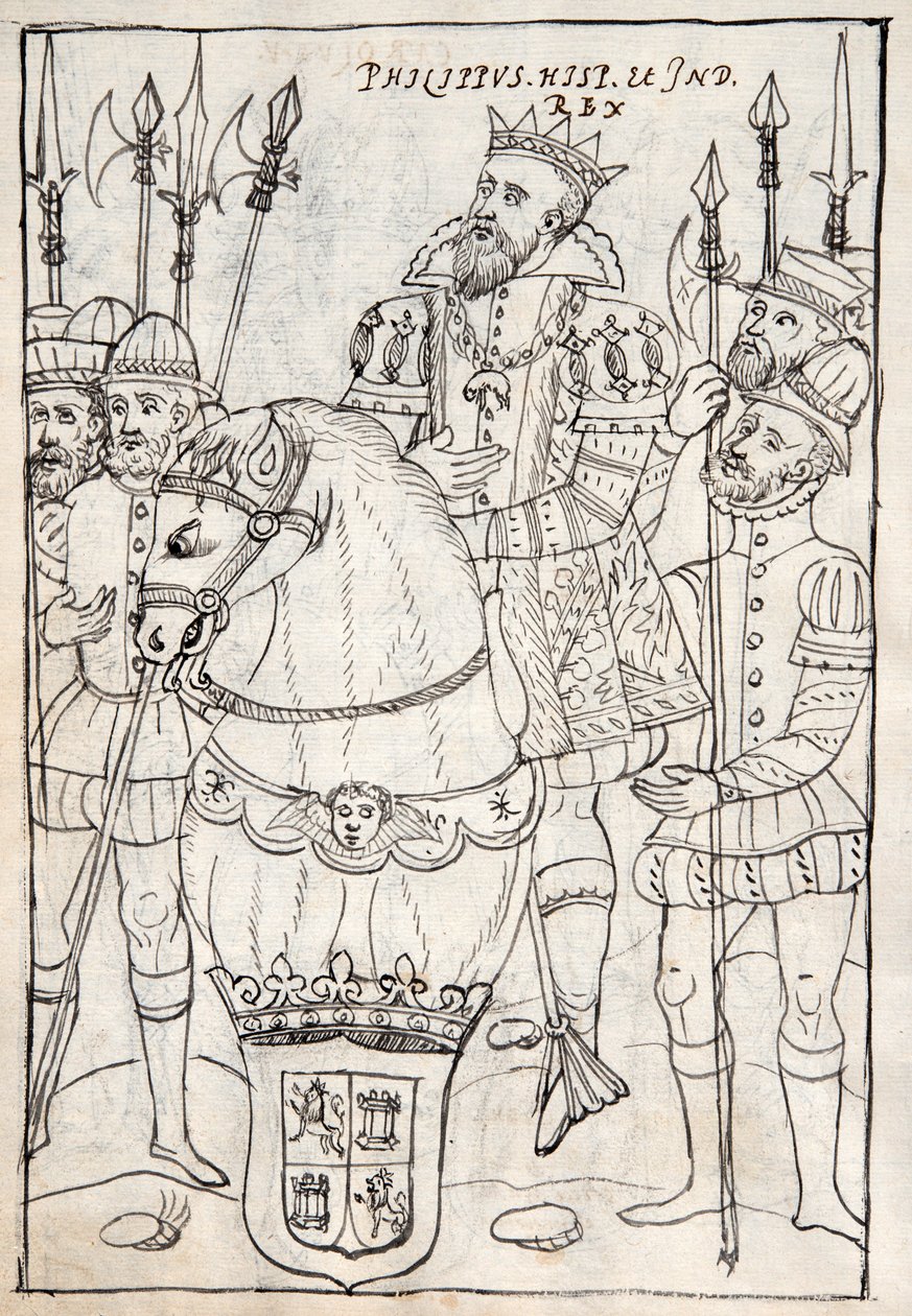 MS Hunter 242 f.249v菲利普二世坐在马背上，穿着金羊毛的命令，周围是男人的手臂，来自特拉斯卡拉历史的插图来自Diego Munoz Camargo（钢笔墨水） 作者 墨西哥学校