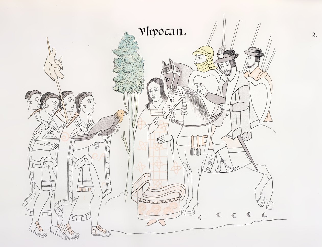 赫尔南多·科尔特斯（1485-1547）和阿兹台克人的会议，照片来自墨西哥印第安人图片历史Lienzo de Tlaxcala的传真，1850年，1592年 作者 墨西哥学校