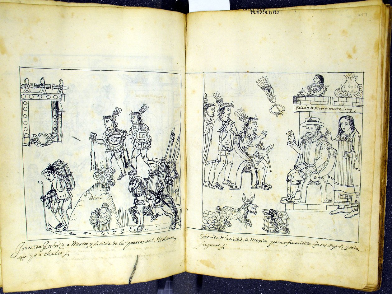 亨特女士242 256v-257r Cortez和Montezuma，来自Historia de Tlaxcala的Diego Munoz Camargo 作者 墨西哥学校