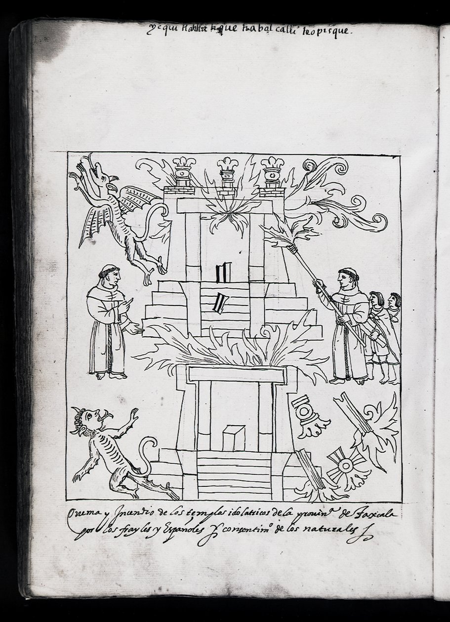 亨特女士242 f.240v方济各会焚烧寺庙，来自特雷斯卡拉历史的插图由Diego Munoz Camargo 作者 墨西哥学校