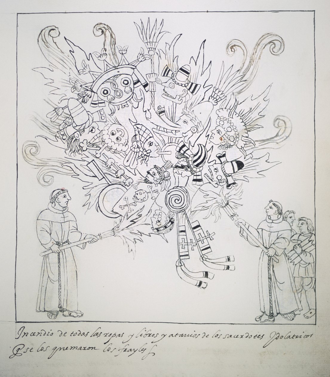 Hunter 242 f.242r Franciscan Friars焚烧传统书籍和衣服，来自Historia de Tlaxcala by Diego Munoz Camargo 作者 墨西哥学校