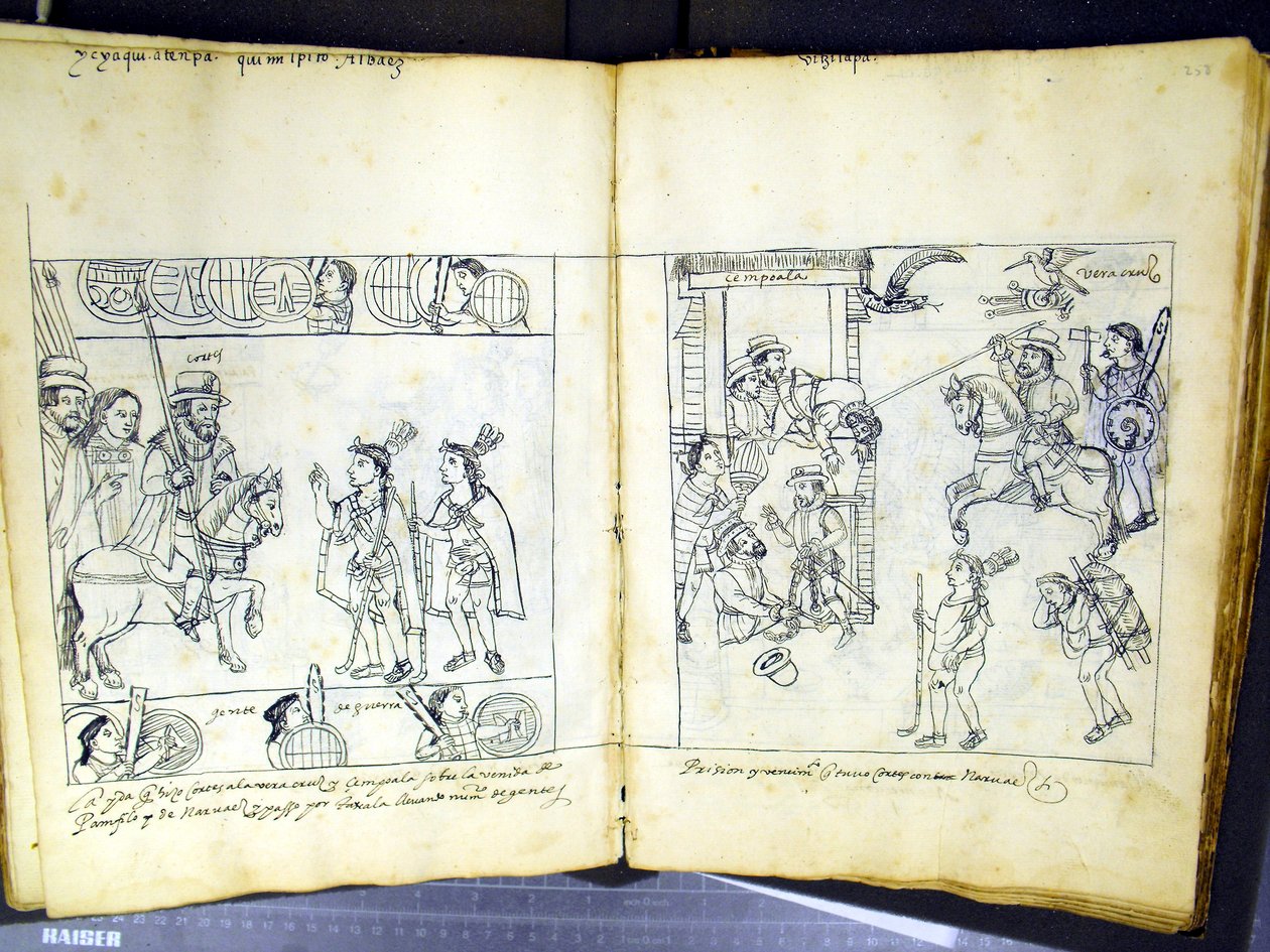 亨特女士 242 f.257v 和 f.258r，来自 Diego Munoz Camargo 的“Historia de Tlaxcala”（纸上笔墨） 作者 墨西哥学校
