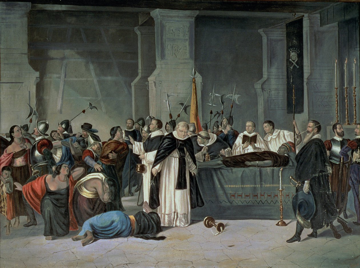 弗朗西斯科-皮萨罗（Francisco Pizarro，约 1475-1541 年）在卡哈马卡镇参加的印加人阿塔瓦尔帕的葬礼（布面油画） 作者 墨西哥学校