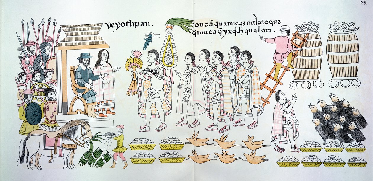 特拉斯卡兰酋长Maxixcatzin向Hernando Cortes（1485-1547）赠送了一束玫瑰和其他礼物，作为墨西哥印第安人图片历史的传真插图 作者 墨西哥学校