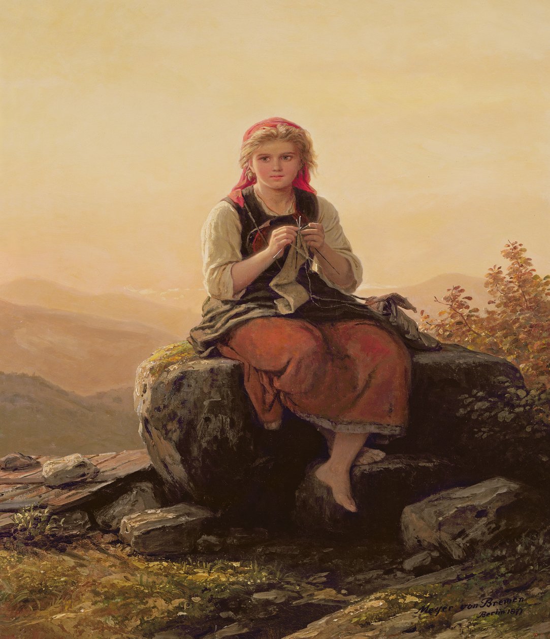 年轻女孩针织，19世纪 作者 来自不来梅的约翰·乔治·迈耶（Johann Georg Meyer）