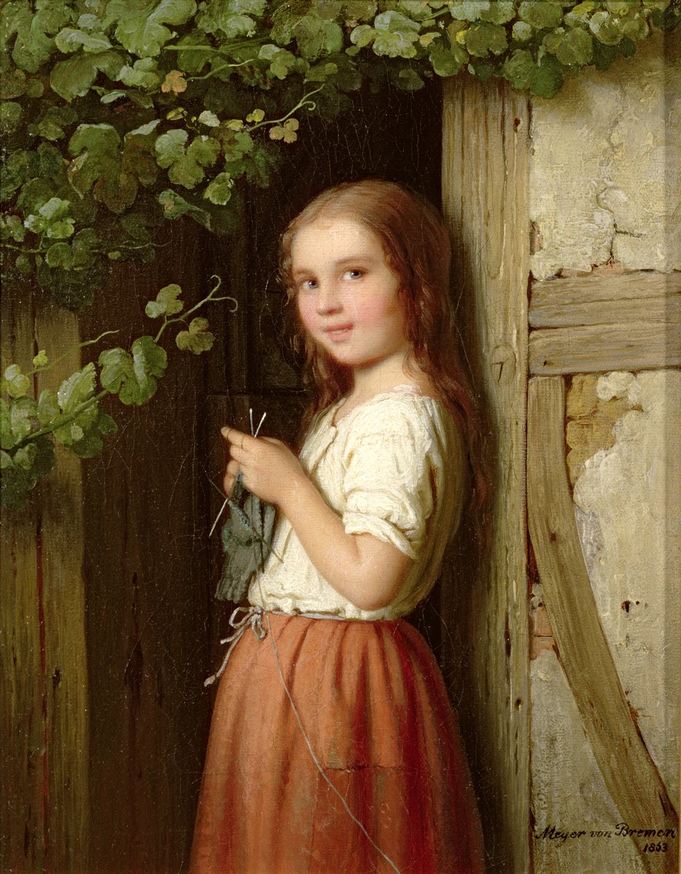 站立在门道入口的女孩编织，1863年 作者 来自不来梅的约翰·乔治·迈耶（Johann Georg Meyer）