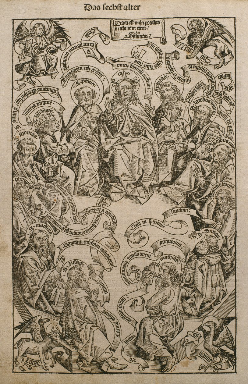上帝荣耀与圣徒，来自&39;Liber Chronicarum&39;的插图由Hartmann Schedel（1440-1514）在纽伦堡出版，1493年 作者 迈克尔·普莱登伍夫（W. Wolgemuth）