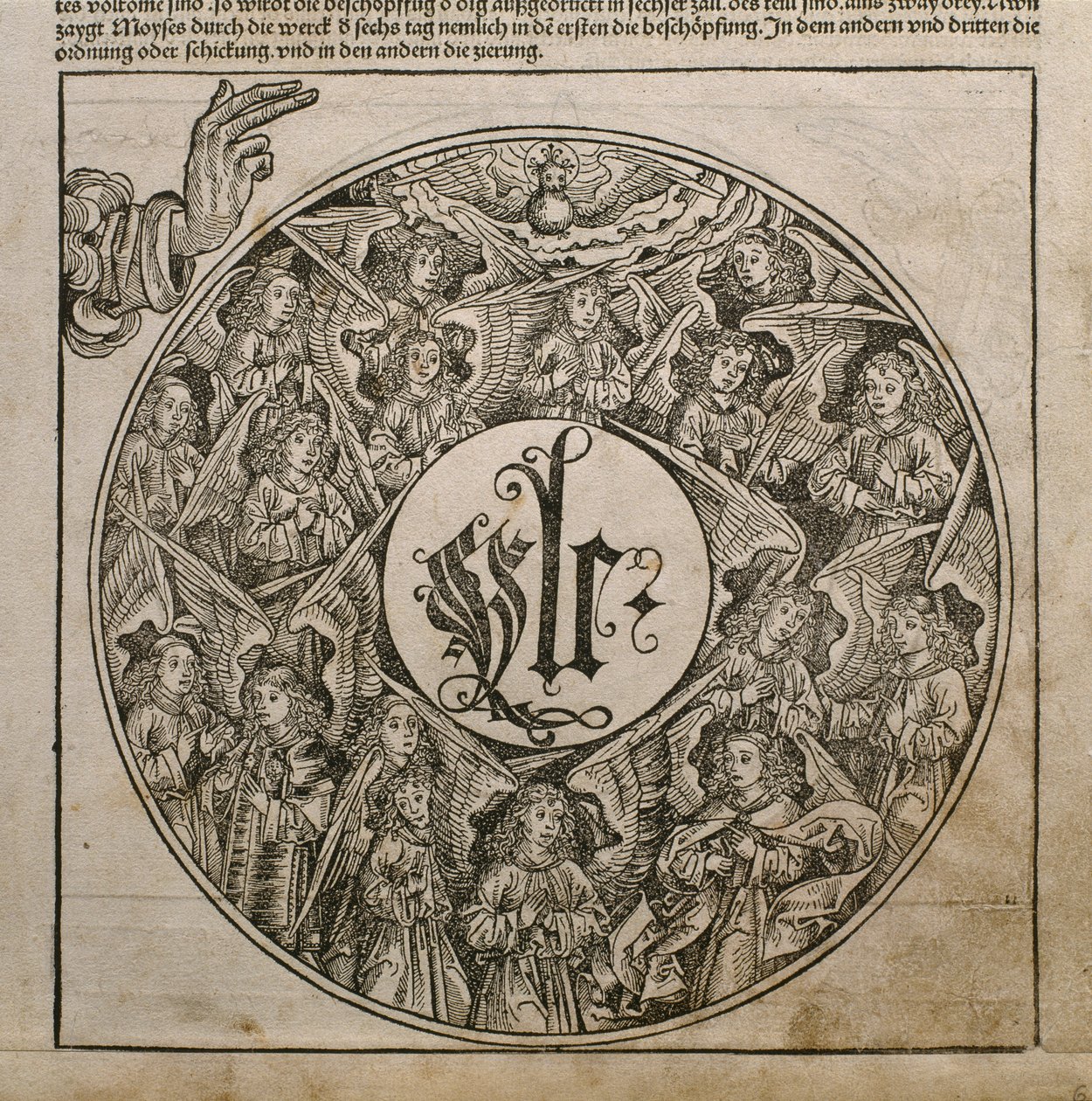 创造天使的天父，来自Hartmann Schedel（1440-1514）的&39;Liber Chronicarum&39;的插图，发表于1493年纽伦堡 作者 迈克尔·普莱登伍夫（W. Wolgemuth）