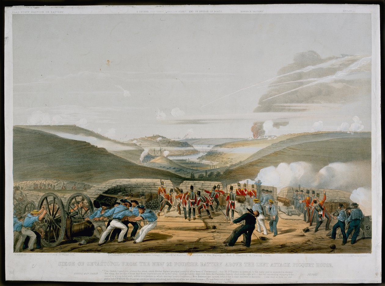 围绕Sevastopol从左侧攻击Picquet House上方的32 Pounder电池，由Walker雕刻，1854年出版 作者 迈克尔·比杜夫