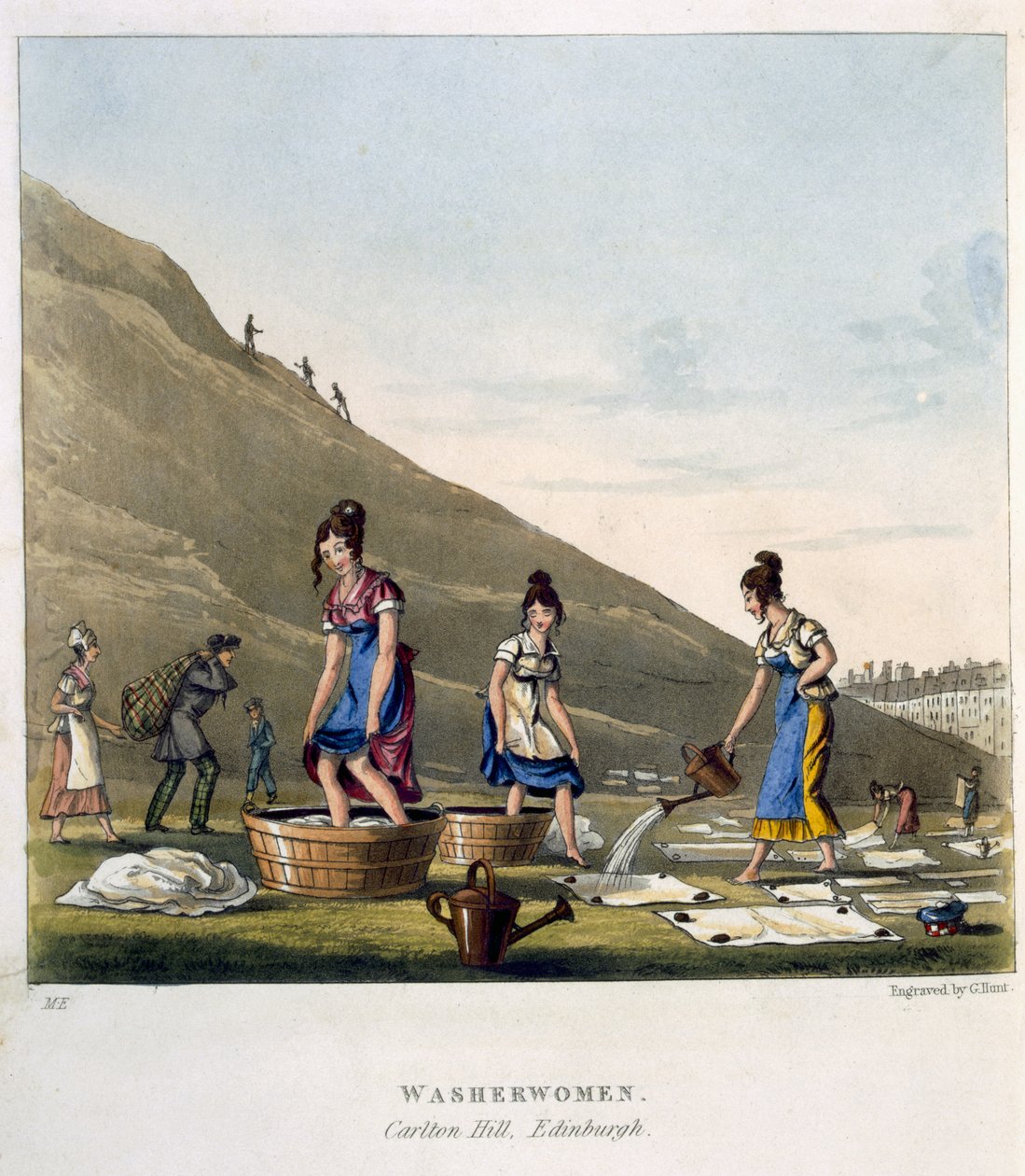Washerwomen，Calton Hill，爱丁堡，来自&39;Airy Nothings，或者废话和淘气，以及奇怪的短裤，在一个环绕的跳跃，步骤和跳跃，由Olio Rigmaroll&39;，由George Hunt雕刻，1825年出版 作者 迈克尔·埃格顿