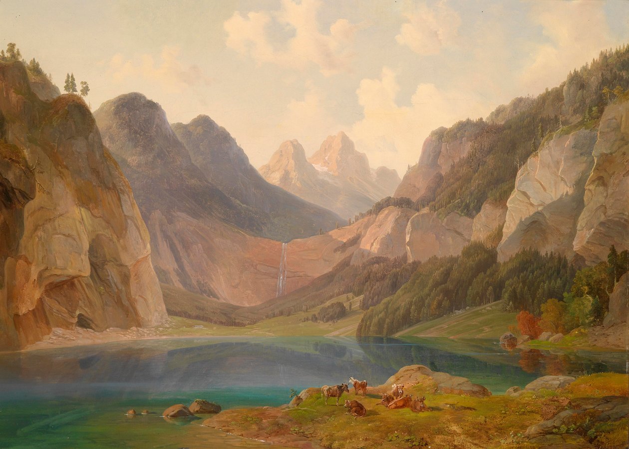 与休息的动物牧群的山风景在前景 作者 迈克尔·吕格