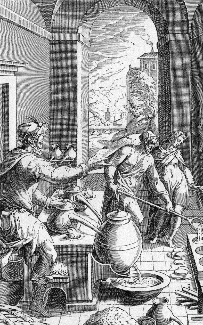 他的工作室中有一位炼金术士，由Michele Mercati（1541-1593）酒吧从Metallotheca雕刻而成。 1719 作者 麦卡托（Michael Mercator）