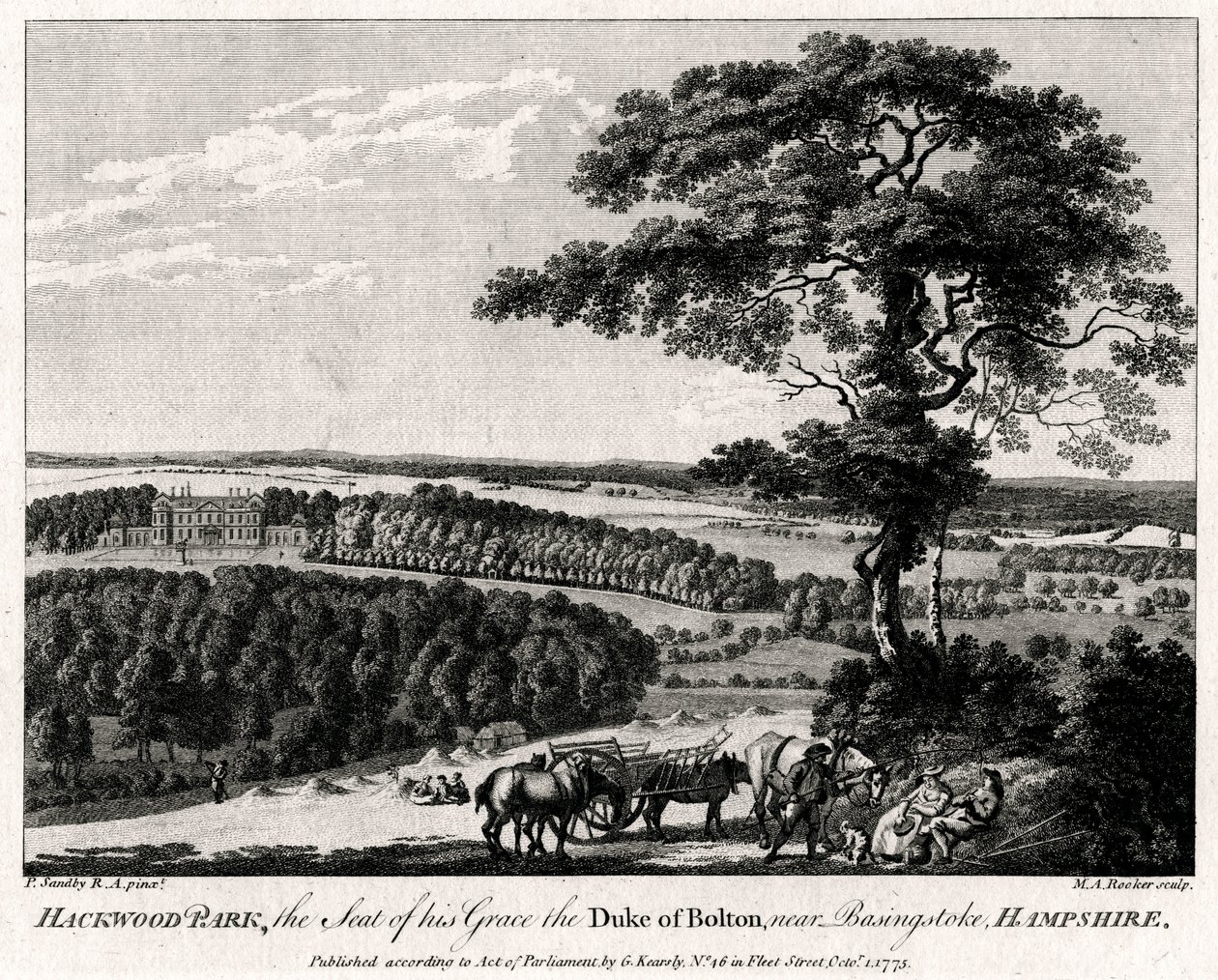 哈克伍德公园（Hackwood Park），1775年在汉普郡贝辛斯托克附近的博尔顿公爵（Grace of Bolton）所在地。 作者 迈克尔·安吉洛·鲁克（Michael Angelo Rooker）