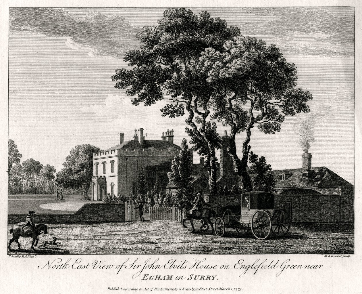 1775年，萨里郡埃格姆附近的恩格尔菲尔德格林（Englefield Green）上的约翰·艾维斯爵士爵士屋（Sir John Elvils House）的东北景观 作者 迈克尔·安吉洛·鲁克（Michael Angelo Rooker）