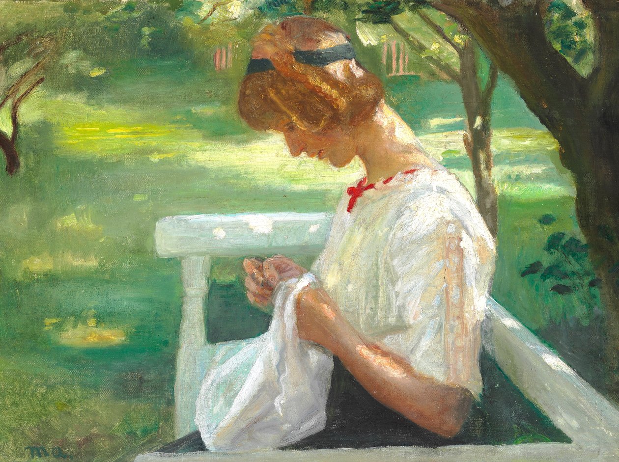 夏日，艾拉-萨克塞尔德在花园里缝纫。 作者 迈克尔·彼得·安彻