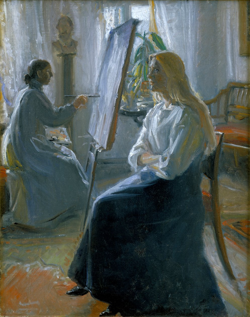 在工作室里，安娜·安彻（Anna Ancher），艺术家的妻子绘画，十九世纪末至二十世纪初。 作者 迈克尔·彼得·安彻