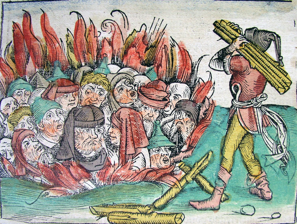 1338年从世界Schedels纪事报（The Schedels Chronicle of the World）于1338年在Deggendorf烧犹太人。 作者 迈克尔·沃尔吉姆特
