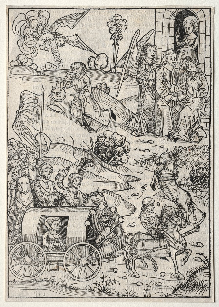 Der Schatzbehalter：《 Tobias重返Tobit》，《 Tobias妻子的到来》，1491年。 作者 迈克尔·沃尔吉姆特