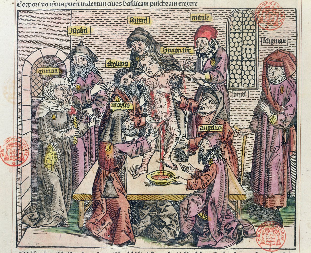 在“Liber Chronicarum Mundi”木刻后，特伦特的西蒙殉道，1493年出版纽伦堡 作者 迈克尔·沃尔吉姆特