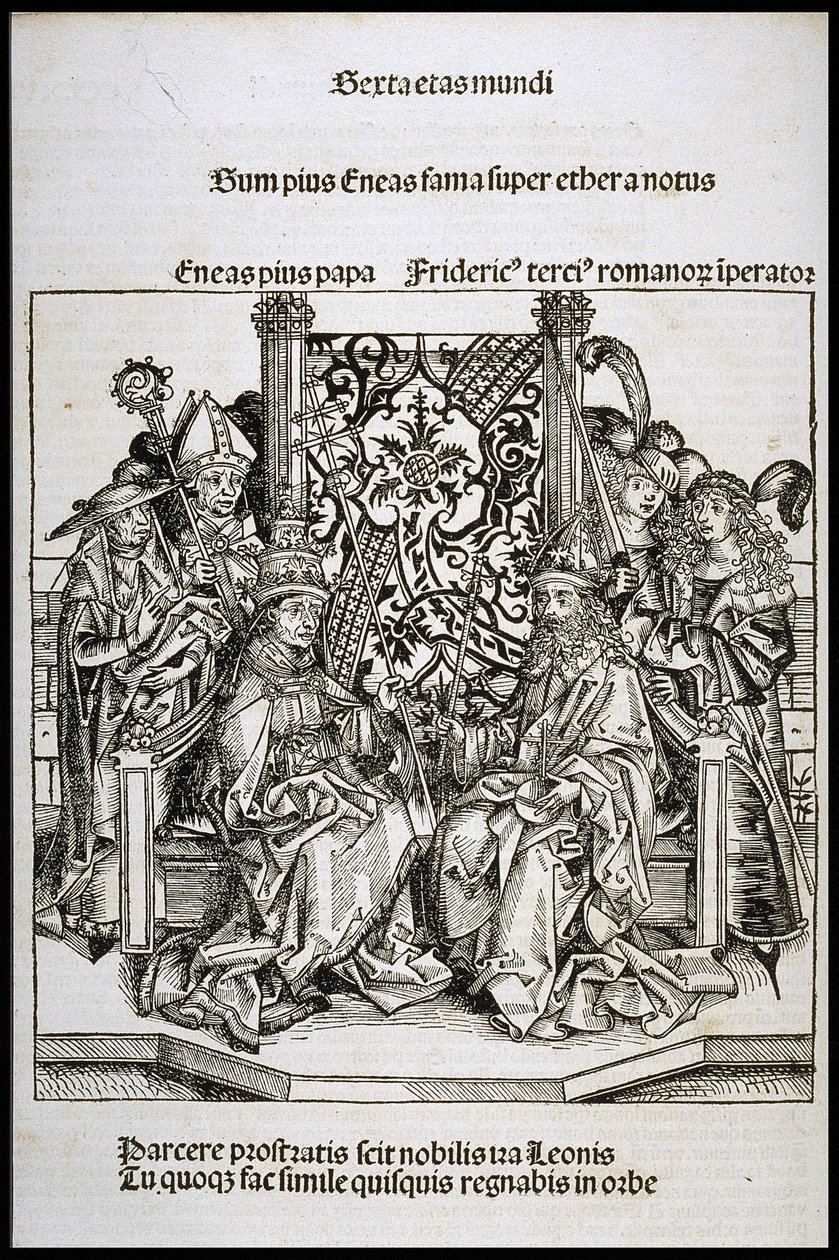教宗庇护二世和德国皇帝腓特烈三世之间的会面，约1493年。 作者 迈克尔·沃尔吉姆特